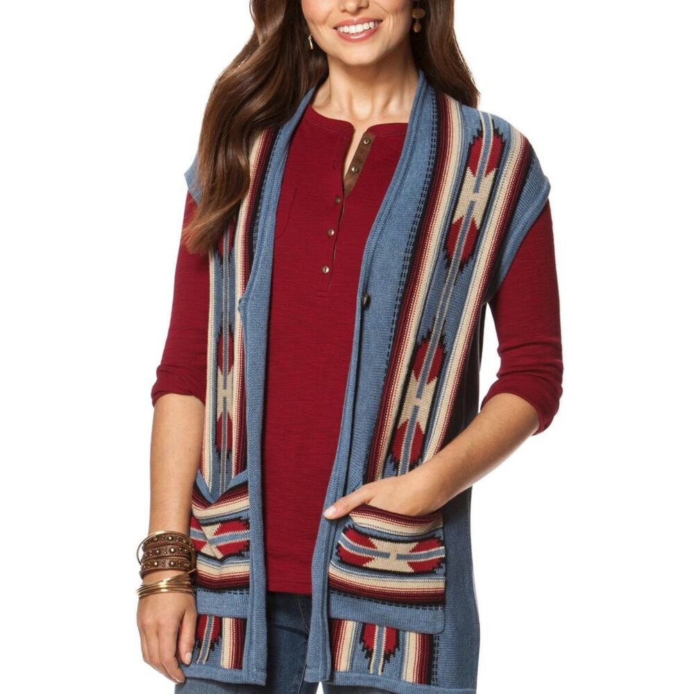 NWOT CHAPS Ralph Lauren Cardigan Sweater Vest 2X Aztec Open Blue Sleeveless 2Pkt